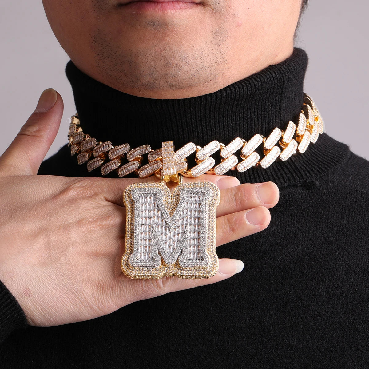 Bubble Letter A~Z Single Baguette Initial Necklace for Men Iced Out Pendant Hip Hop Rock Rapper Jewelry