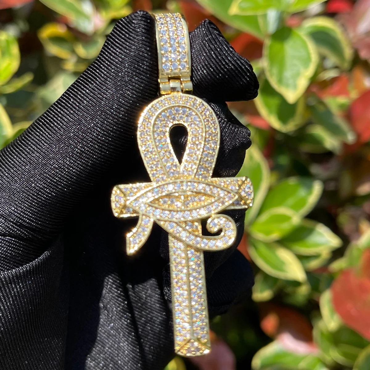 Bubble Letter Eye of Horus Ankh Cross Pendant Necklace Chain for Men Cubic Zircon Hip Hop Rock Rapper Style Jewelry