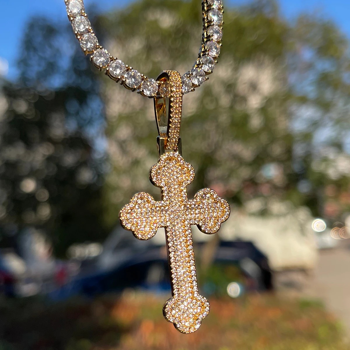 Bubble Letter Iced Out Cross Necklace for Women Micro Pave Pendant Real Gold Plated Hip Hop Jewelry 2023 Trending