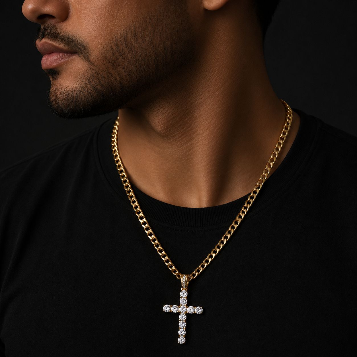 Bubble Letter Cross Necklace for Men Pendant Gold Color Copper Material Hip Hop Jewelry