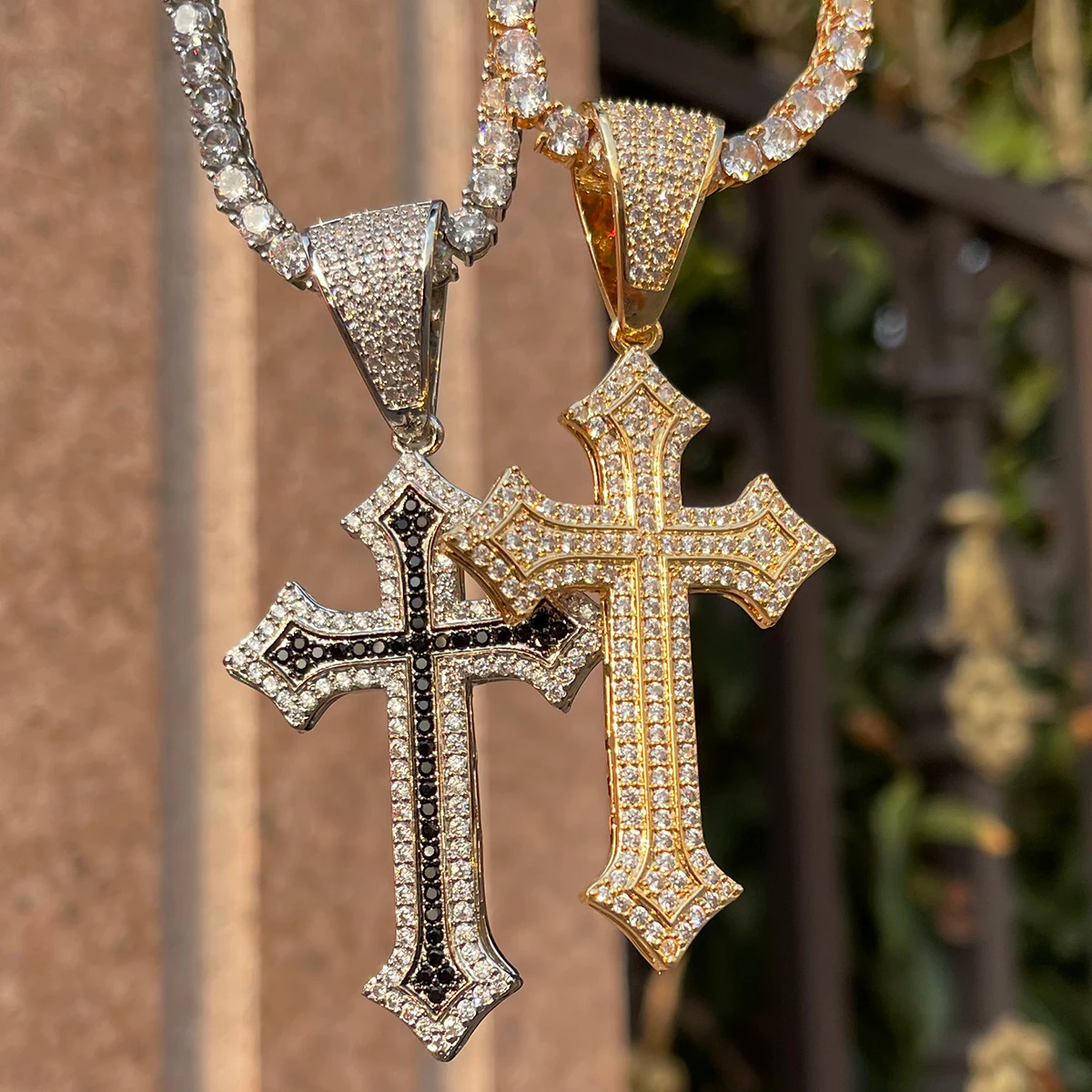 Bubble Letter Iced Out Cross Pendant Necklace for Men Prong Setting Bling Charms Real Gold Plated Hip Hop Jewelry