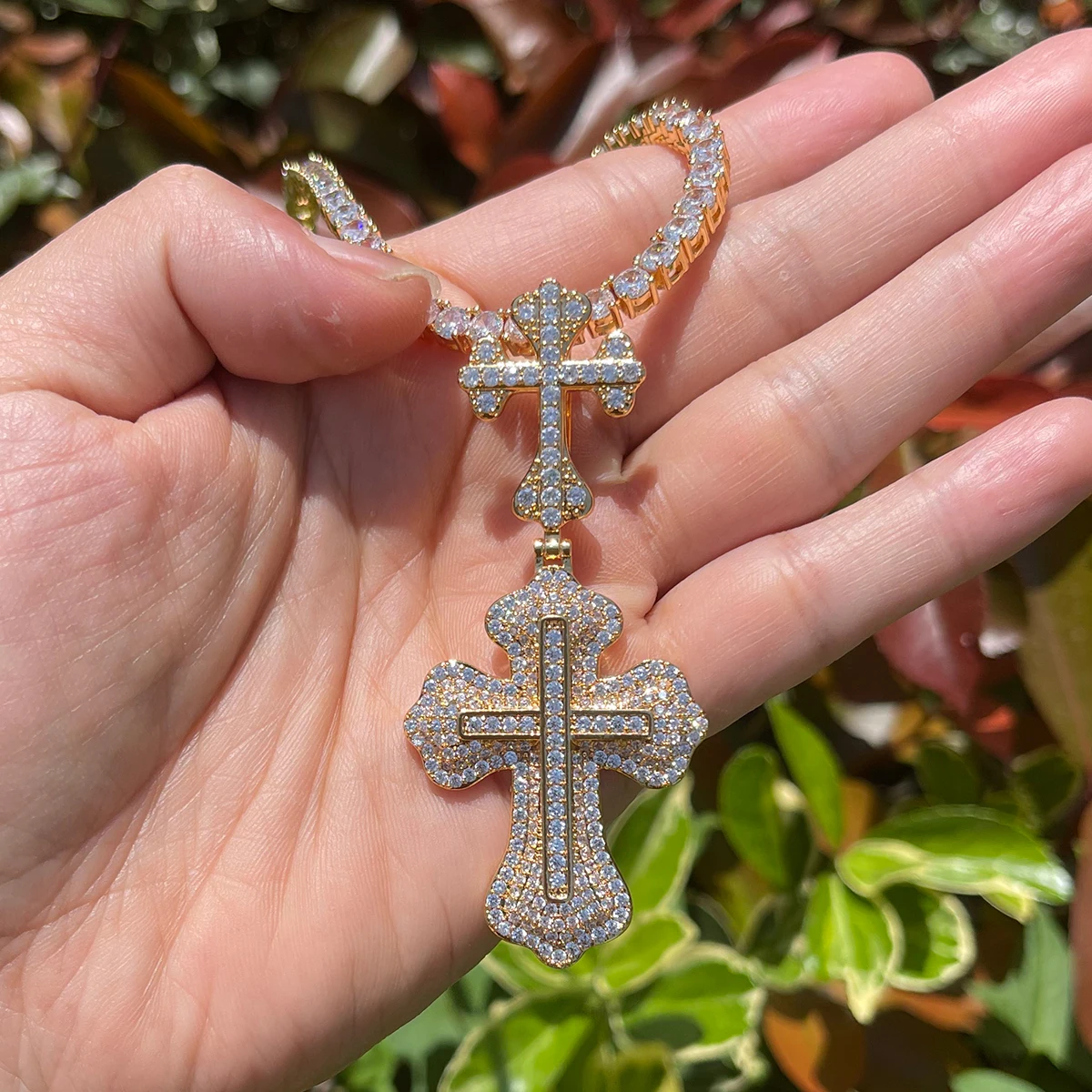 Bubble Letter Iced Out Cross Necklace for Men Prong Setting Pendant Charms Real Copper Hip Hop Jewelry