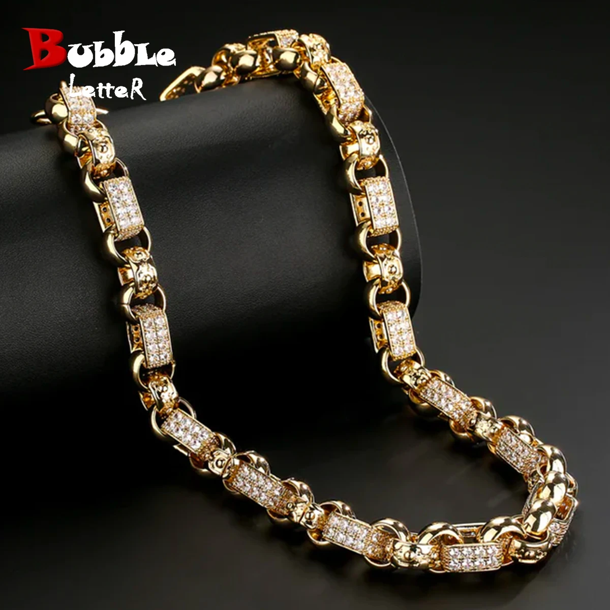 Bubble Letter GYPSY Ornate Patterned Belcher Necklace Choker for Men Studded Oblong Smooth Alternating Cuban Links Hip Hop Jewel