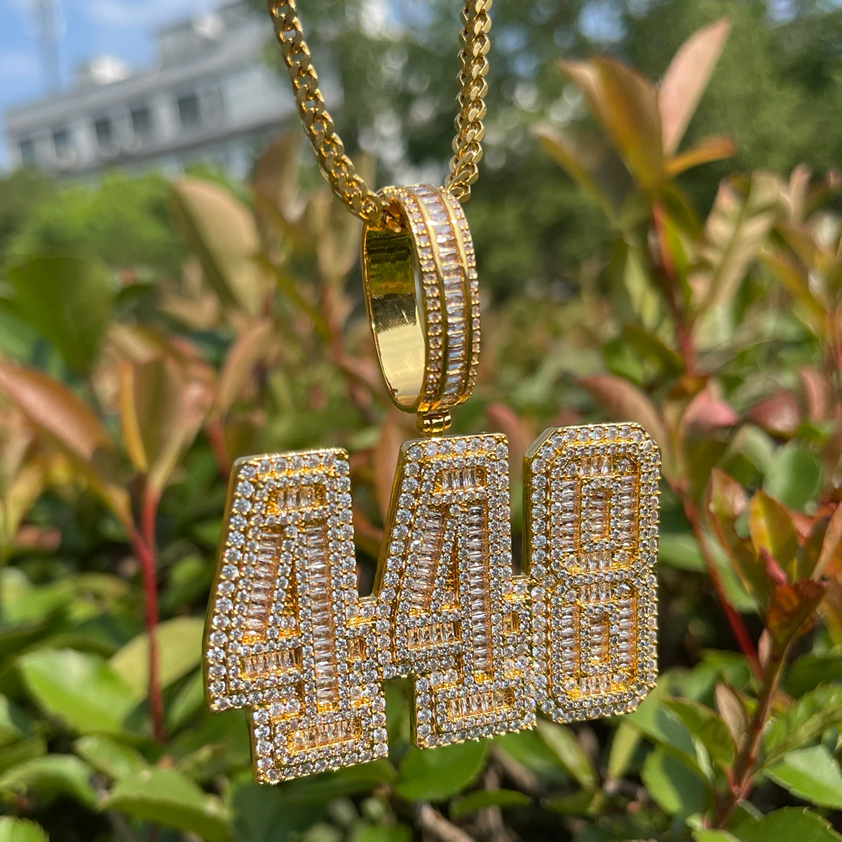 Bubble Letter Iced Out Necklace for Men Number 448 Pendant Baguette Real Gold Plated Hip Hop Jewelry