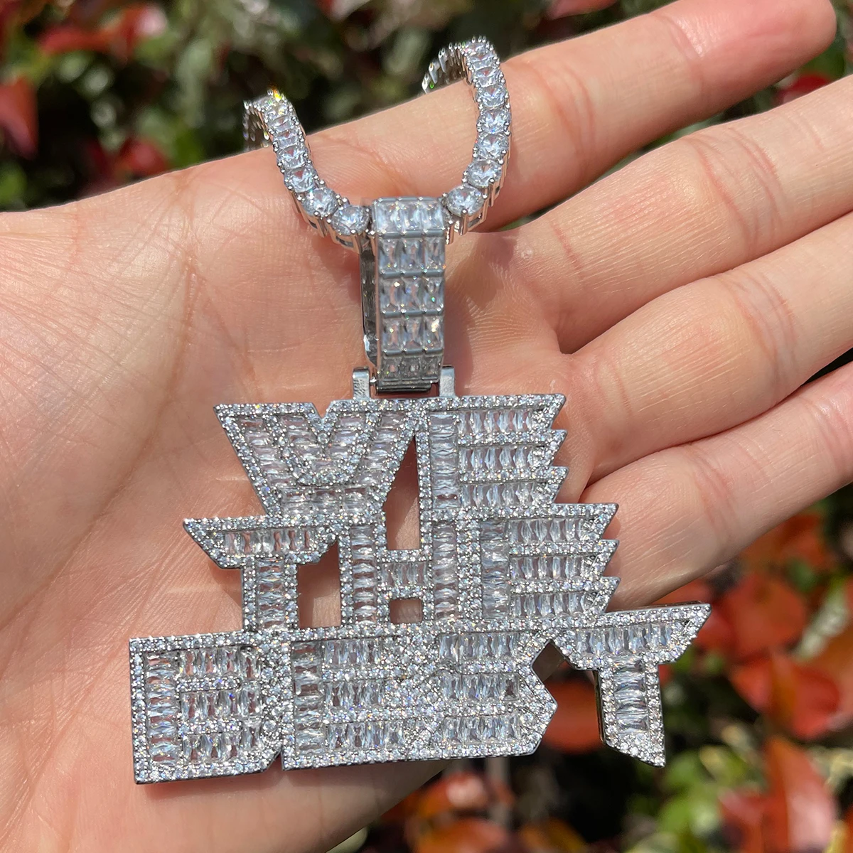 Bubble Letter Iced Out We The Best Necklace for Men Baguette Pendants Prong Setting Chain Hip Hop Jewelry