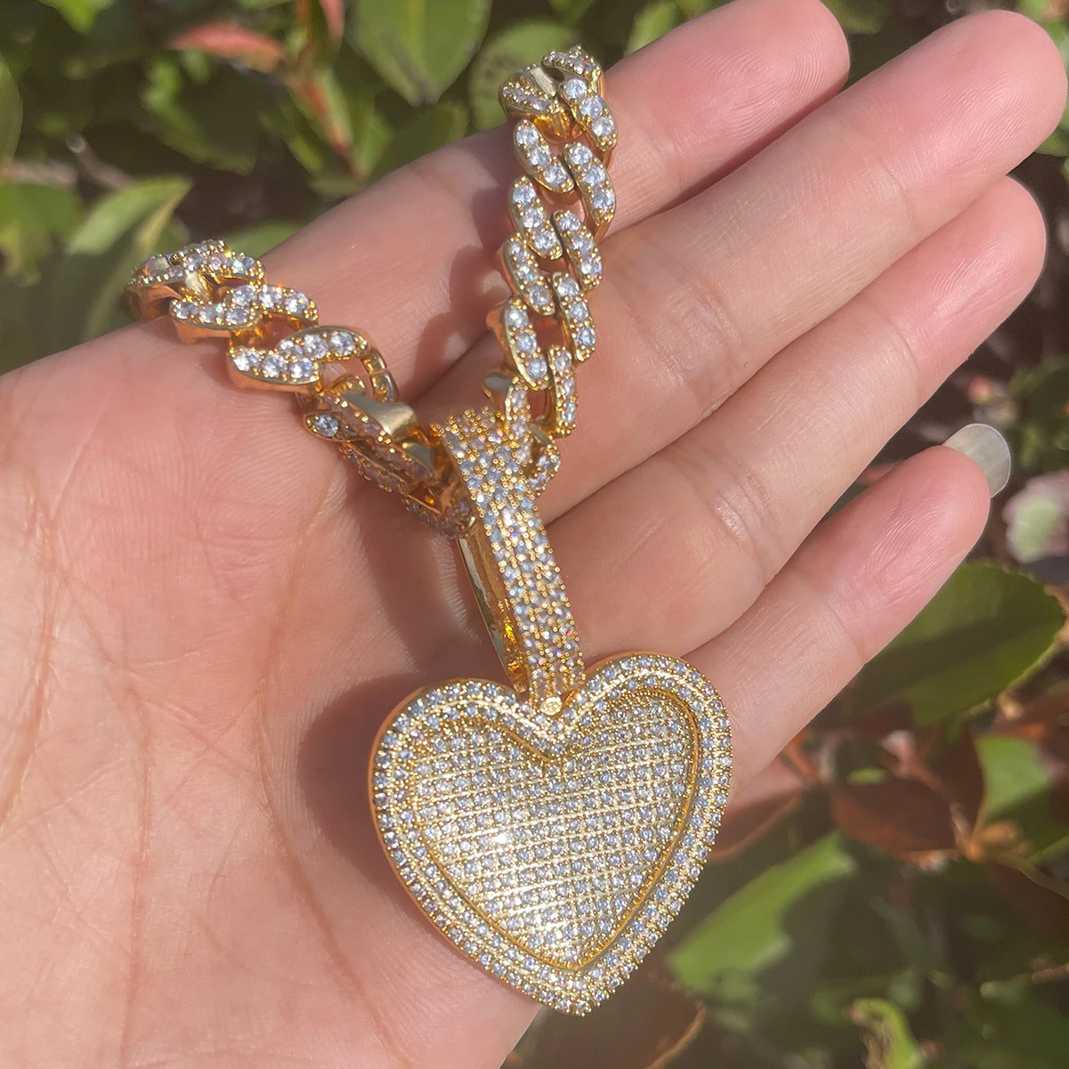 Bubble Letter Iced Out Heart Necklace for Women Cubic Zirconia Prong Setting Pendant Real Gold Plated Hip Hop Jewelry