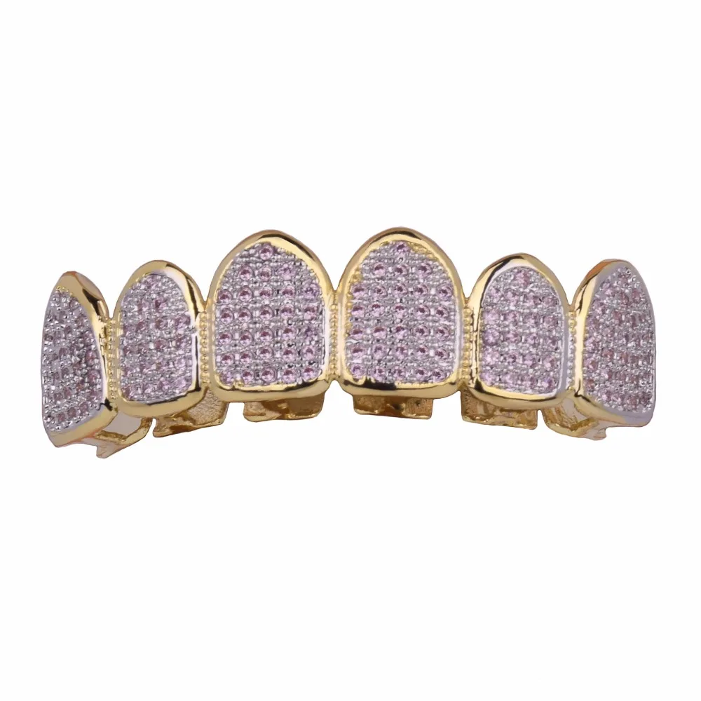 Hip Hop teeth Grillz Iced Out AAA Pink Color Zircon Fang Mouth Teeth Caps Top & Bottom Tooth Set Men Women Grills Jewelry