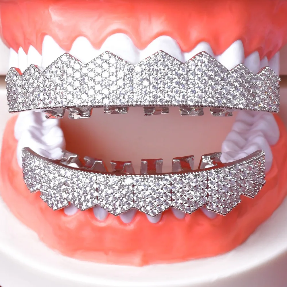 Big Hip Hop Grillz Iced Out CZ Fang Mouth teeth grills Caps Top & Bottom tooth Set Men Women Vampire Grills Fashion Jewelry