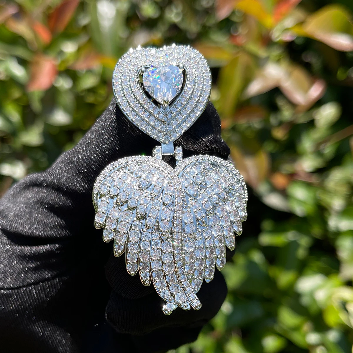 Bubble Letter Iced Out Necklace for Women Heart Bail Prong Wing Pendant Real Gold Plated Hip Hop Jewelry