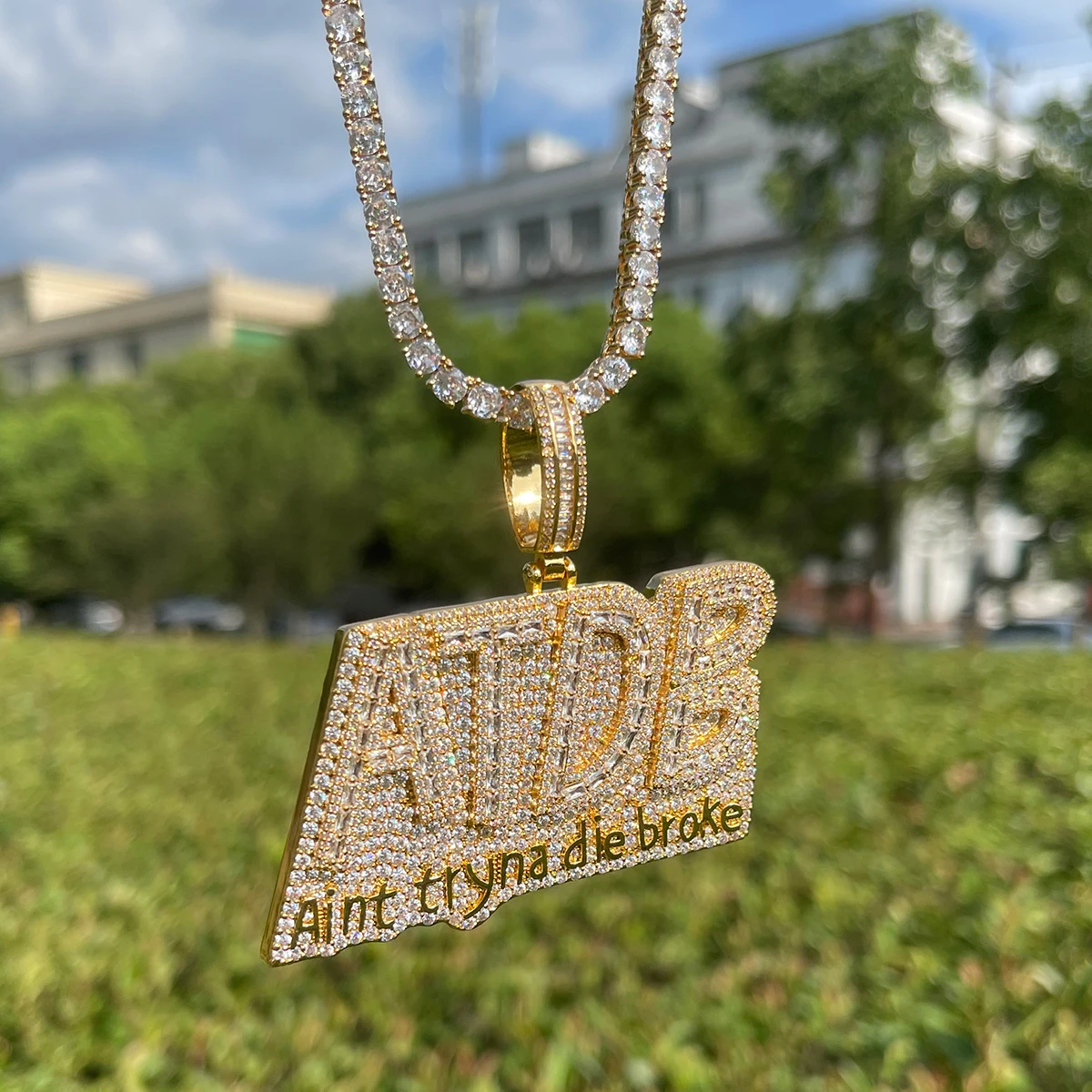 Bubble Letter Iced Out Necklace for Men Prong Setting Pendant Cubic Zirconia Real Gold Plated Hip Hop Jewelry