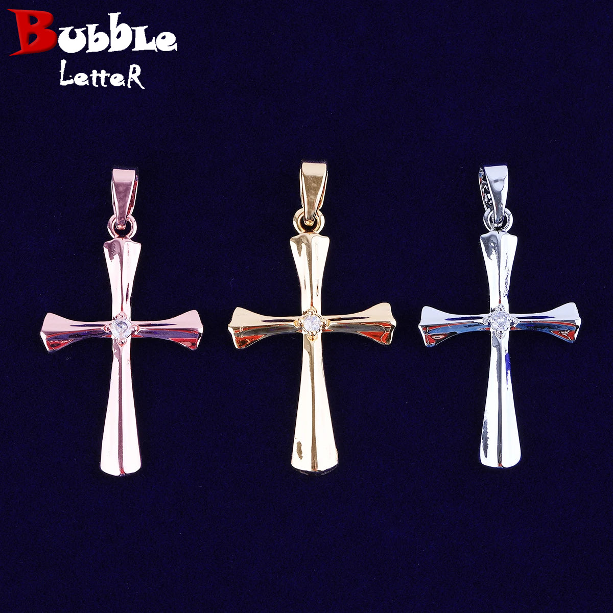 Bubble Letter Smooth Cross Necklace Pendant for Women Real Gold Plated Copper Hip Hop Jewelry