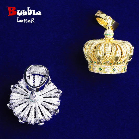 Bubble Letter Iced Out Crown Necklace Pendant for Men 5A Cubic Zirconia Real Gold Plated Hip Hop Jewelry