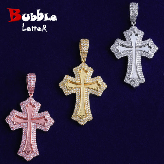 Bubble Letter Iced Men Cross Necklace Pendant Real Gold Plated Cubic Zirconia Hip Hop Jewelry