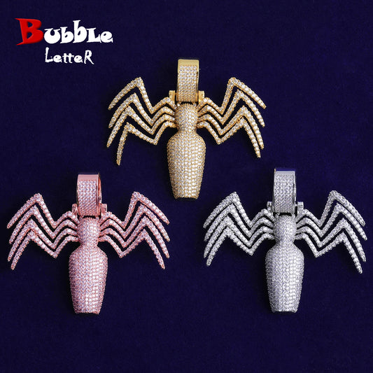 Bubble Letter Iced Out Spider Bottle Necklace Pendant for Men Real Gold Plated Cubic Zirconia Hip Hop Jewelry
