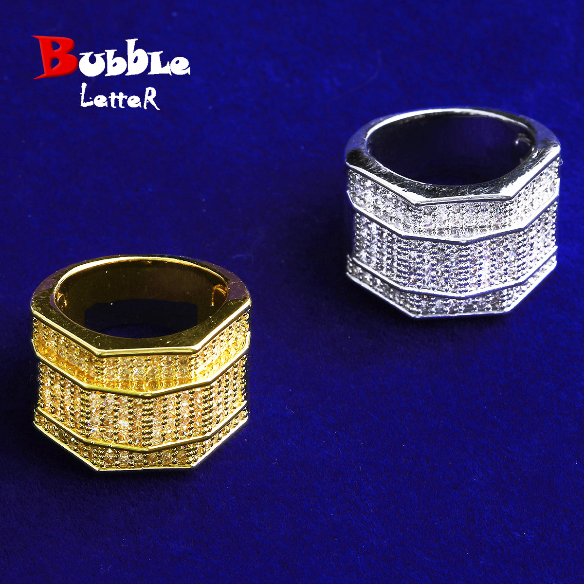 Bubble Letter Iced Out Men Ring for Men 5A Cubic Zirconia Real Gold Plated Hip Hop Jewelry
