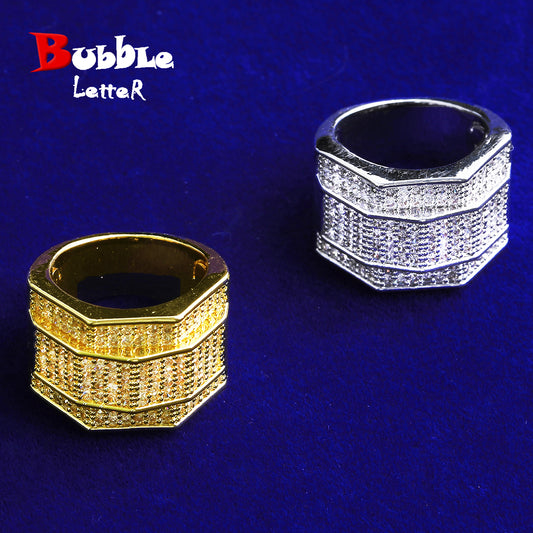 Bubble Letter Iced Out Men Ring for Men 5A Cubic Zirconia Real Gold Plated Hip Hop Jewelry