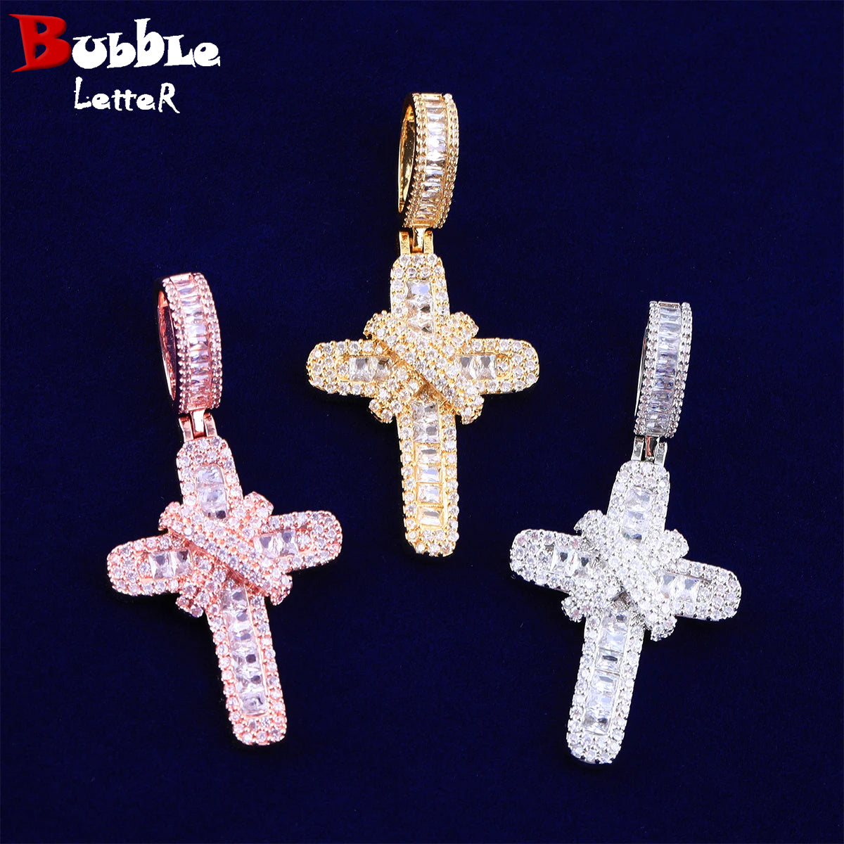 Bubble Letter Iced out Cross Necklace Pendant for Women Real Copper Gold Plated Hip Hop Jewelry