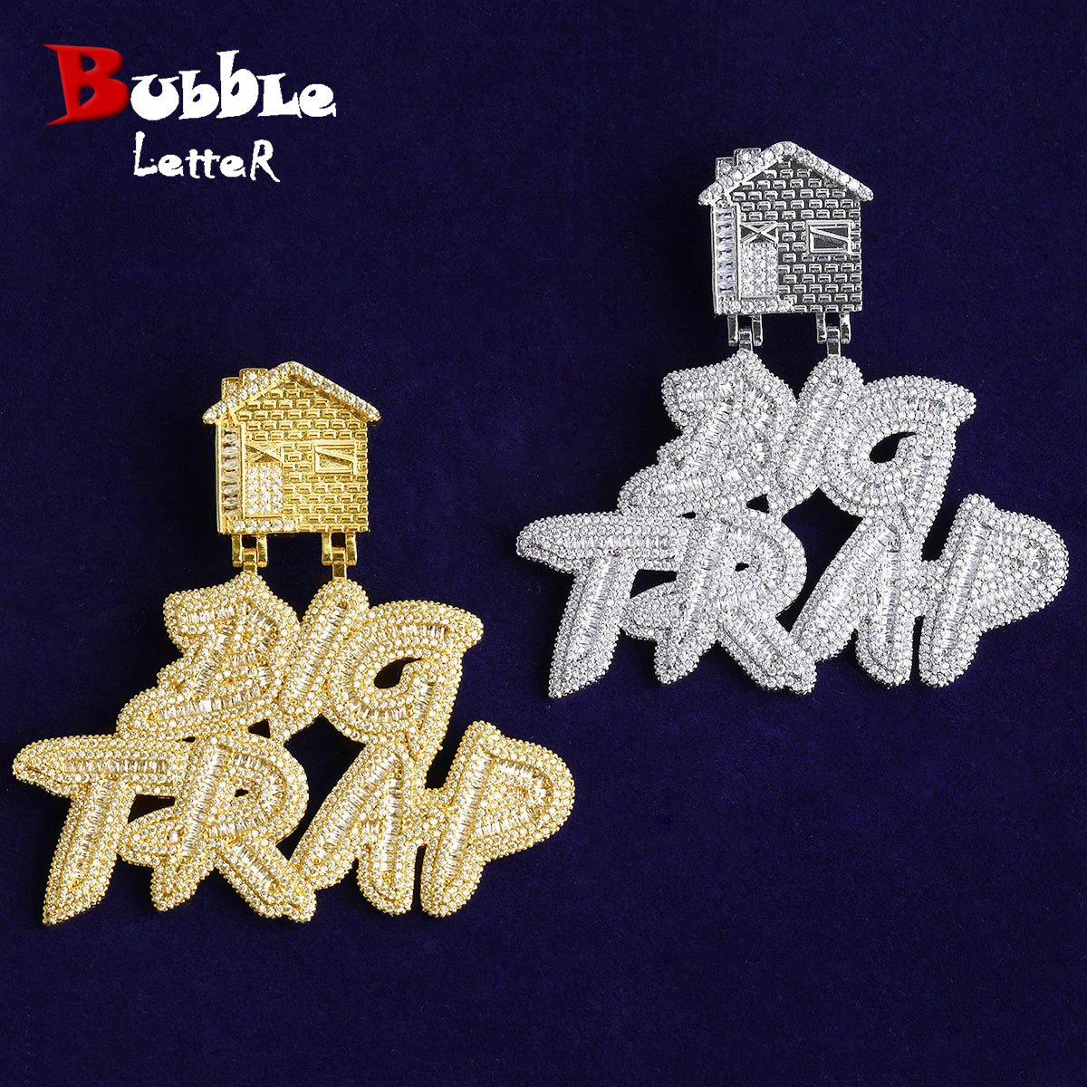 Bubble Letter Iced Out Big Trap House Bail Necklace Pendant for Men Real Gold Plated 5A Cubic Zirconia Hip Hop Jewelry