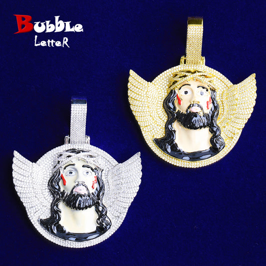 Bubble Letter Iced Out Wing Jesus Disc Necklace Pendant for Men 5A Cubic Zirconia Hip Hop Jewelry