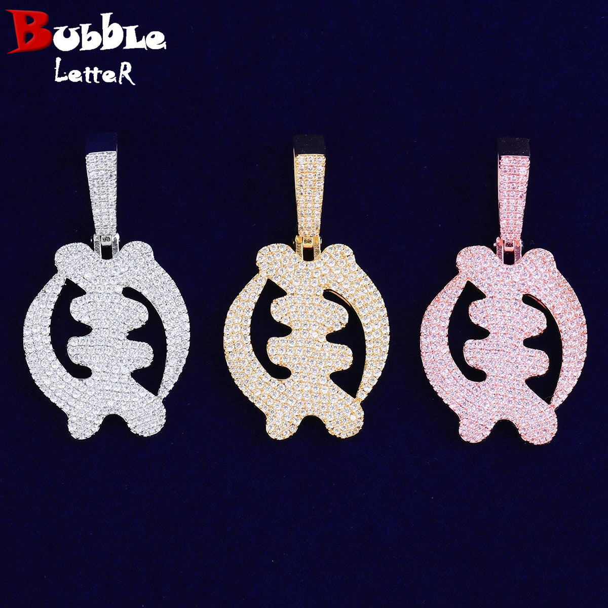 Bubble Letter Iced Out Fish Bone Necklace Pendant for Men Prong Setting Gold Plated Nigerian Charms Hip Hop Jewelry