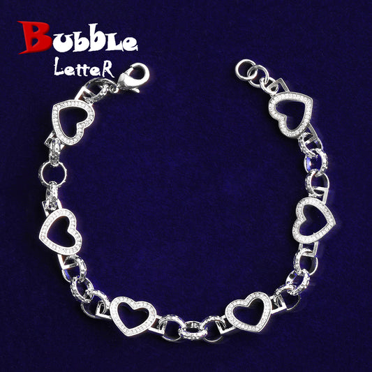 Bubble Letter Iced Out Hollow Heart Belcher Link Bracelet for Women Real Gold Plated Hip Hop Jewelry