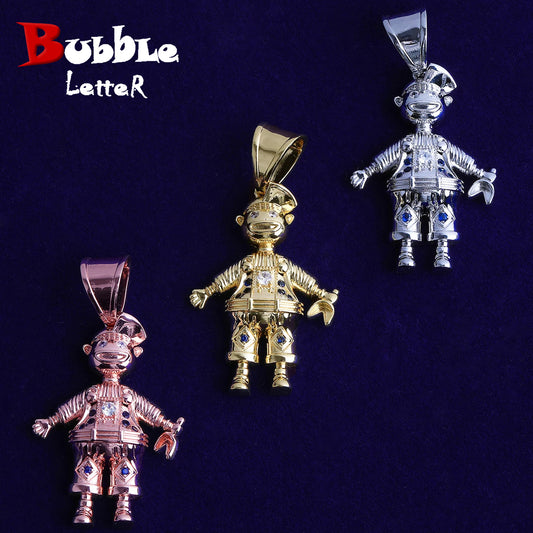 Bubble Letter Iced Out 3D Clown Necklace Pendant for Men Real Gold Plated Cubic Zirconia Hip Hop Jewelry