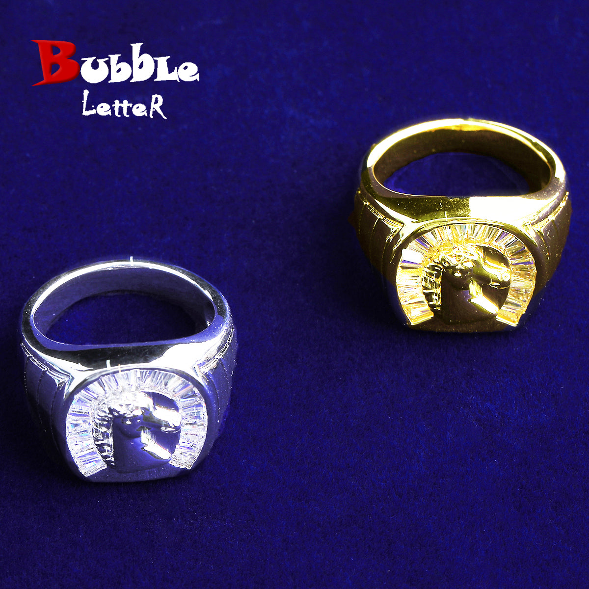 Bubble Letter Iced Out Horse Head Ring for Men Real Gold Plated Cubic Zirconia Hip Hop Jewelry