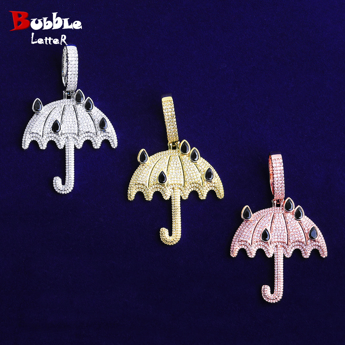Bubble Letter Iced Out Umbralla Necklace Pendant for Men 5A Cubic Zirconia Gold Plated Hip Hop Jewelry