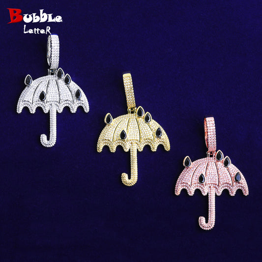 Bubble Letter Iced Out Umbralla Necklace Pendant for Men 5A Cubic Zirconia Gold Plated Hip Hop Jewelry