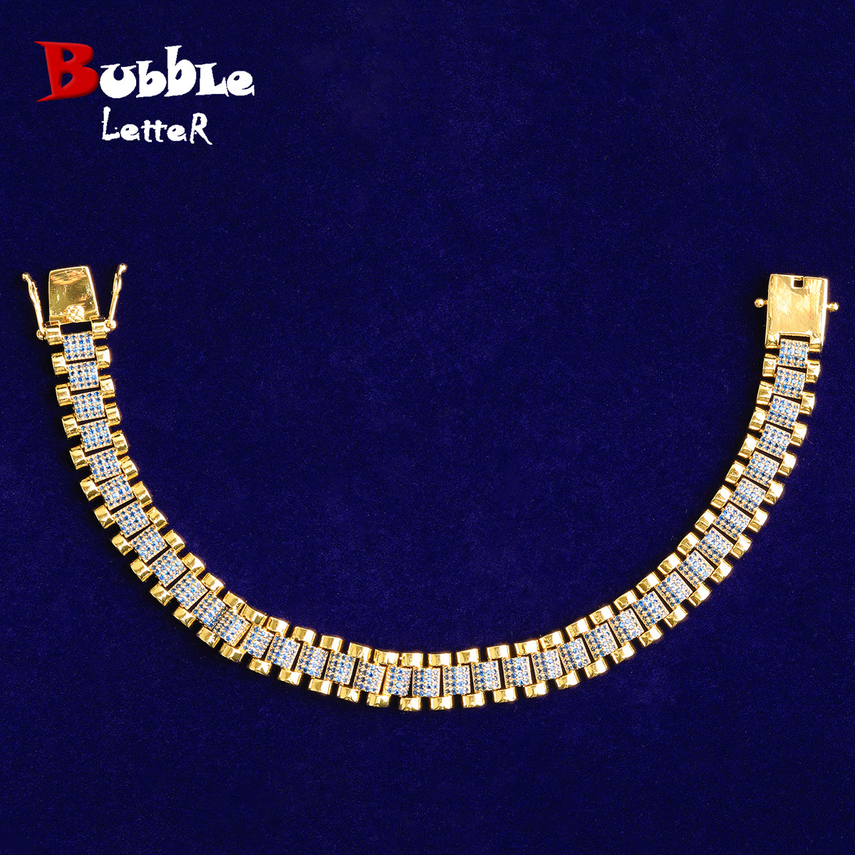 Bubble Letter Iced Out Gold Watch Belt Link Bracelet for Men Real Gold Plated Cubic Zirconia Hip Hop Jewelry