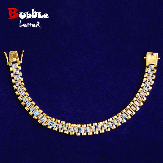 Bubble Letter Iced Out Gold Watch Belt Link Bracelet for Men Real Gold Plated Cubic Zirconia Hip Hop Jewelry