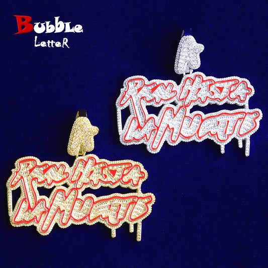 Bubble Letter Iced Out Real Husta La Muerta Necklace Pendant for Men Real Gold Plated Hip Hop Jewelry