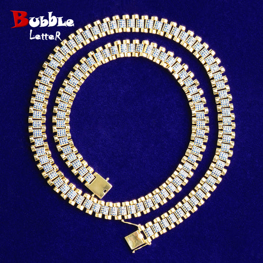 Bubble Letter Iced Out Gold Watch Belt Link Chain for Men Necklace Choker Real Gold Plated Cubic Zirconia Hip Hop Jewelry