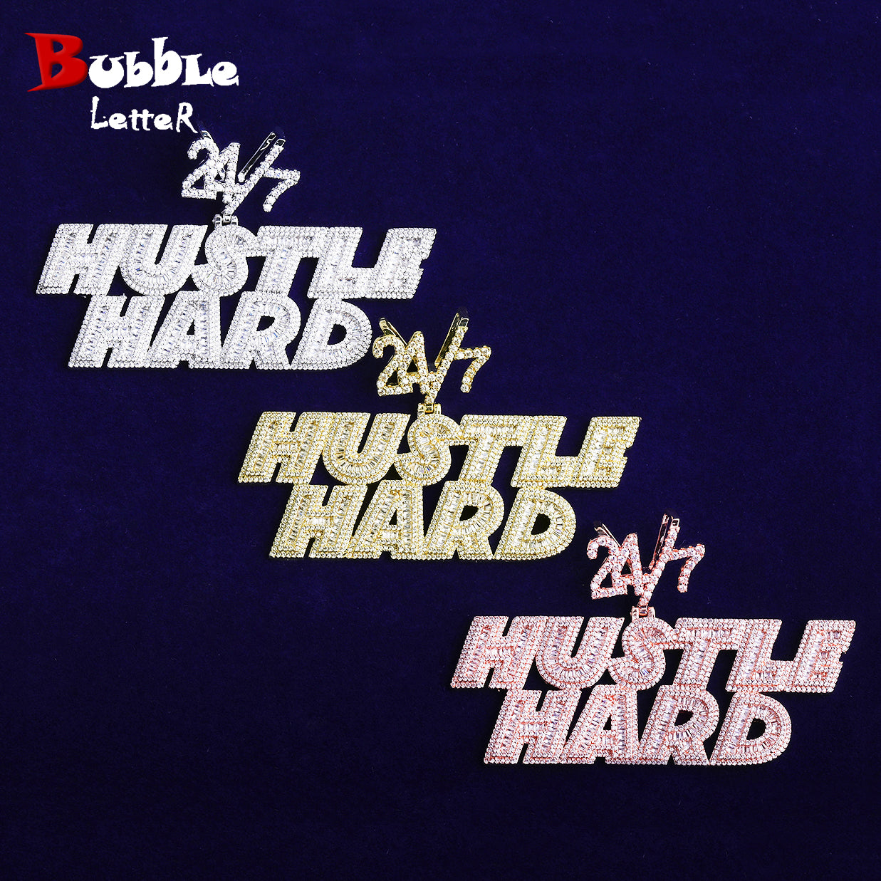 Bubble Letter Iced Out Hustle Hard 24/7 Necklace Pendant Men 5A Prong Setting Cubic Zirconia Copper Gold Plated Hip Hop Jewelry