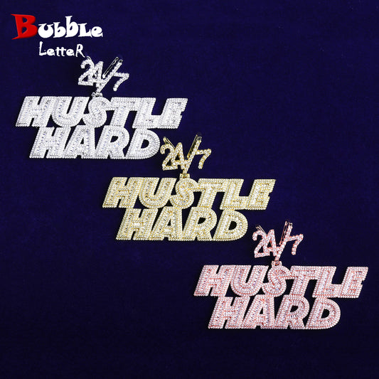 Bubble Letter Iced Out Hustle Hard 24/7 Necklace Pendant Men 5A Prong Setting Cubic Zirconia Copper Gold Plated Hip Hop Jewelry