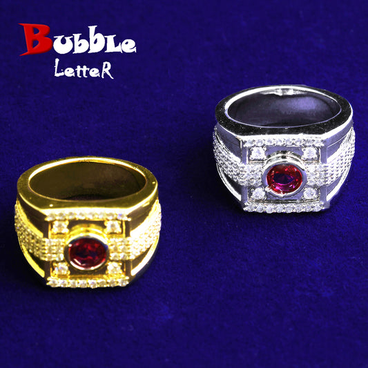 Bubble Letter Iced Out Pink Stone Ring for Men Real Gold Plated Hip Hop Jewelry