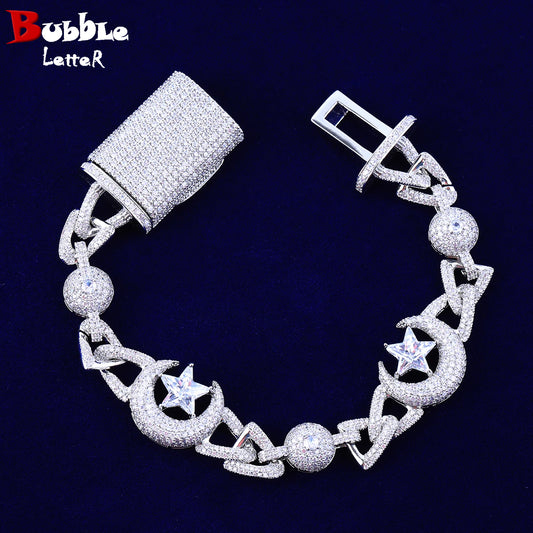 Bubble Letter Iced Out Moon Star Cuban Link Bracelet for Men Real Copper Cubic Zirconia Hip Hop Jewelry