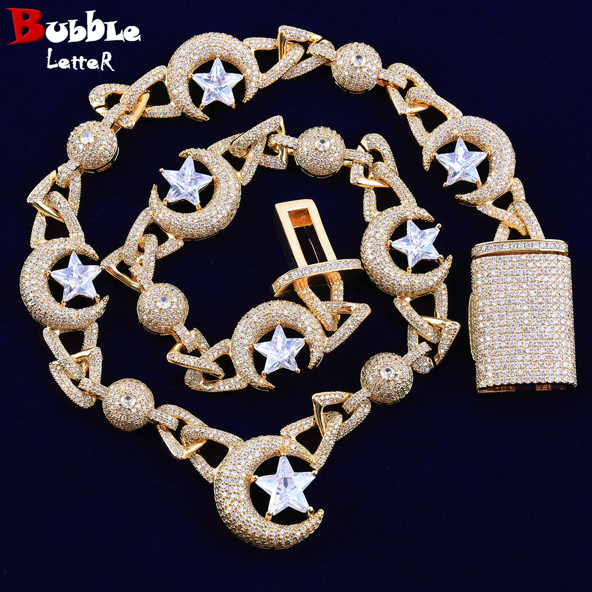 Bubble Letter Iced Out Moon Star Cuban Link Chain for Men Real Copper Cubic Zirconia Necklace Choker Hip Hop Jewelry