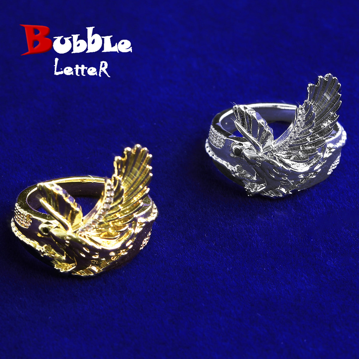 Bubble Letter Iced Out Eagle Ring for Men Real Gold Plated Cubic Zirconia Hip Hop Jewelry