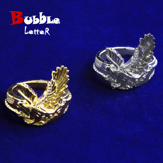 Bubble Letter Iced Out Eagle Ring for Men Real Gold Plated Cubic Zirconia Hip Hop Jewelry
