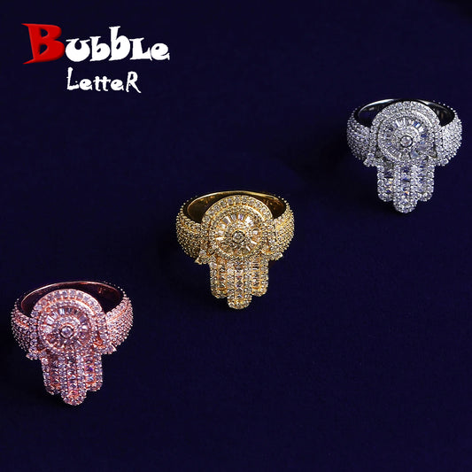 Bubble Letter Iced Out Hamsa Hand Ring for Men Real Gold Plated Cubic Zirconia Hip Hop Jewelry