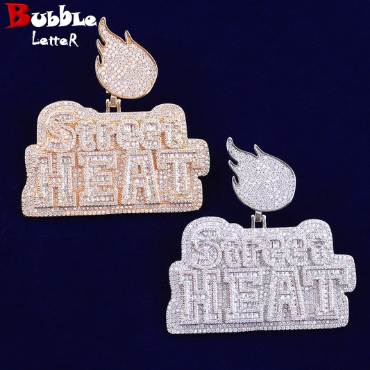 Bubble Letter Iced Out Street Heat Necklace Pendant for Men Micro Pave Fire Bail Real Gold Plated Hip Hop Jewelry