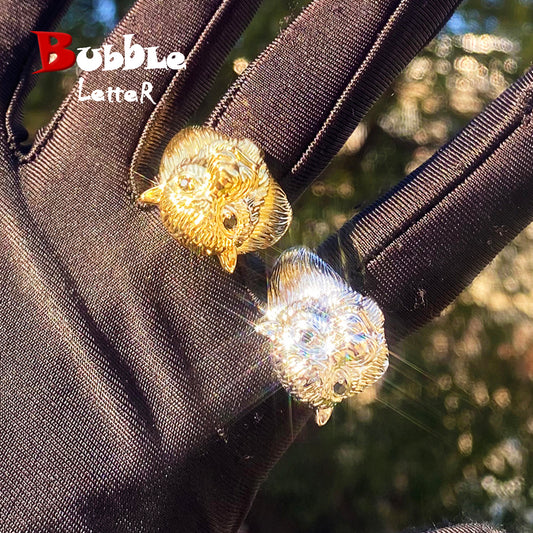 Bubble Letter Bear Head Ring for Men Real Gold Plated Hip Hop Jewelry