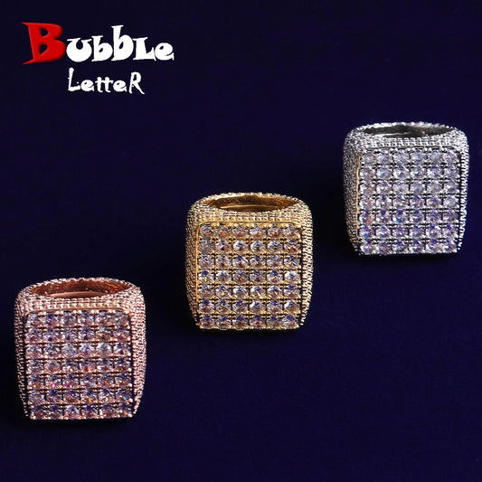 Bubble Letter Iced Out Square Ring for Men Real Gold Plated Cubic Zirconia Hip Hop Jewelry