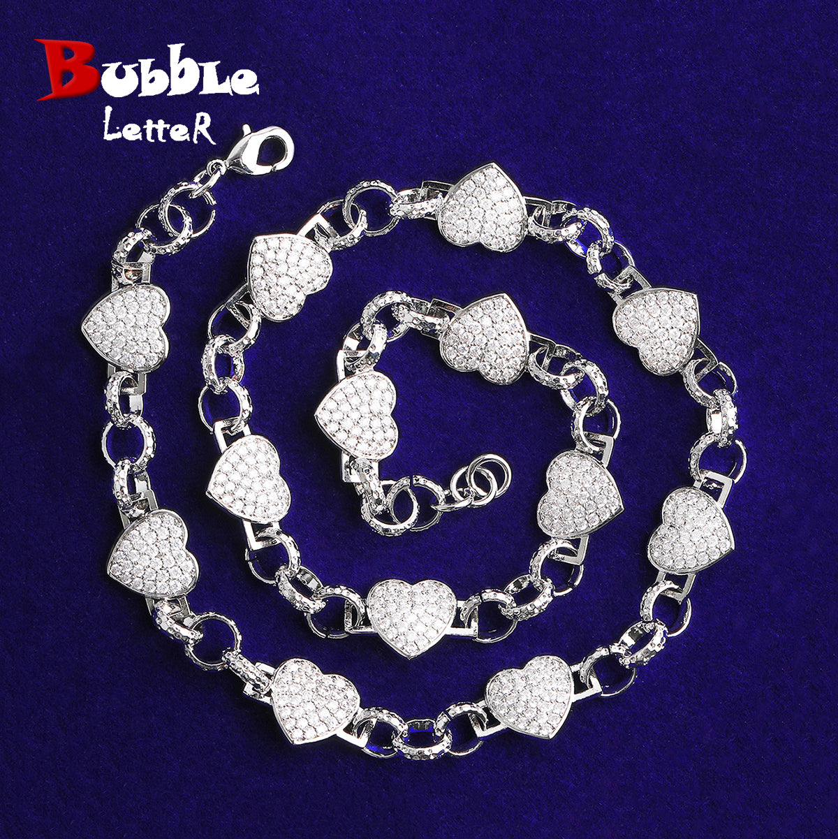 Bubble Letter Belcher Link Heart Chain Necklace for Men Real Gold Plated Copper Cubic Zirconia Hip Hop Jewelry