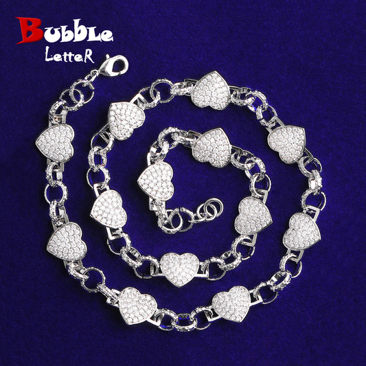 Bubble Letter Belcher Link Heart Chain Necklace for Men Real Gold Plated Copper Cubic Zirconia Hip Hop Jewelry