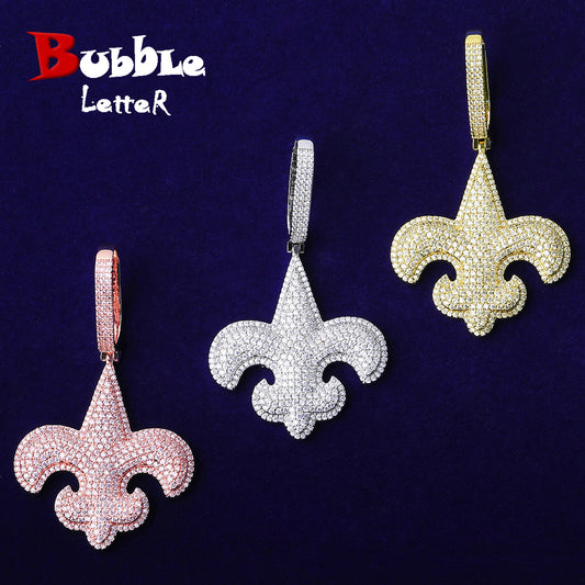 Bubble Letter Fleur-de-lis Iced Pendant for Men 5A Handset Cubic Zirconia Real Gold Plated Hip Hop Jewelry