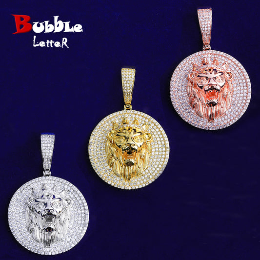 Bubble Letter Iced Out Lion King Disc Necklace Pendant for Men 5A Cubic Zirconia Gold Plated Hip Hop Jewelry