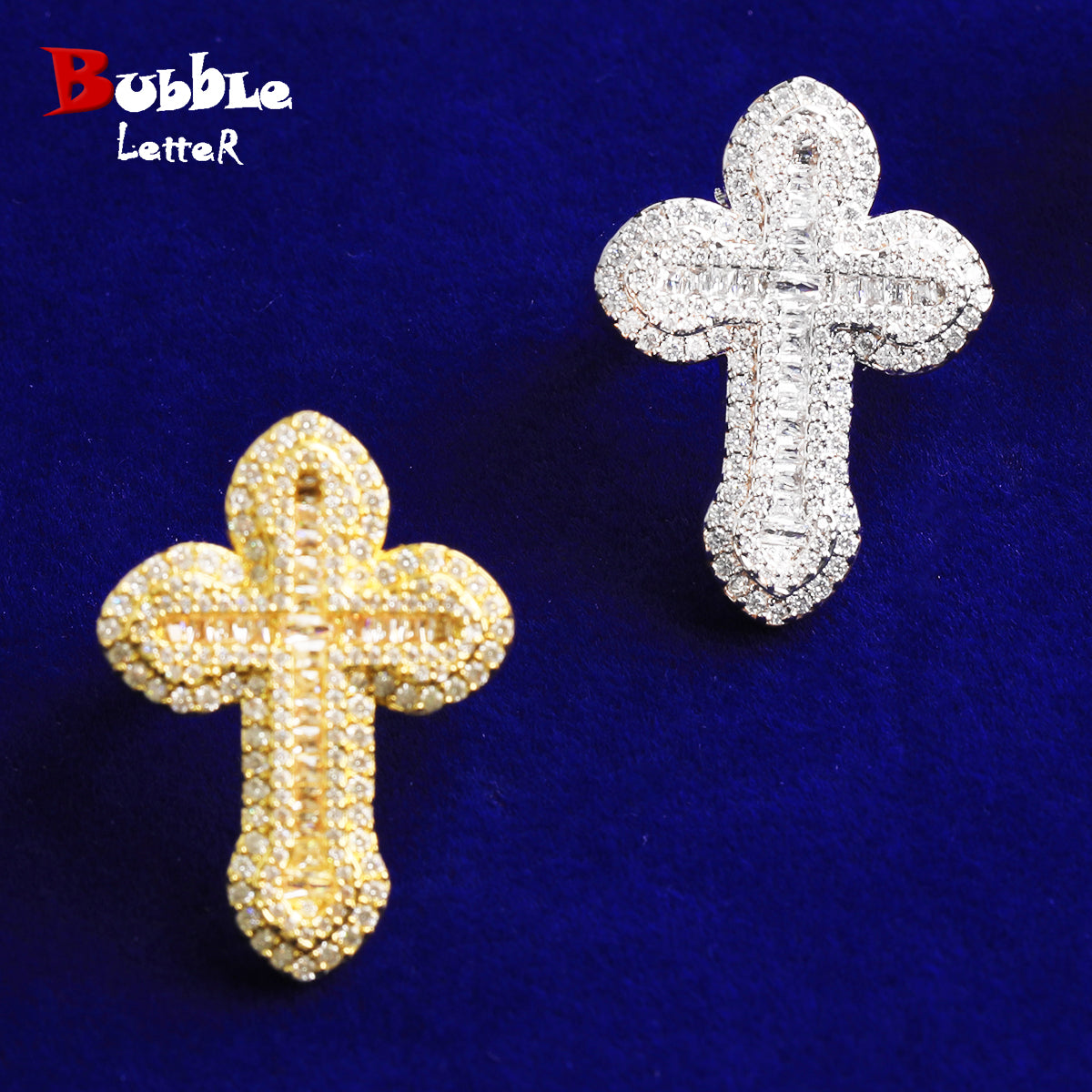 Bubble Letter Iced Out Baguette Cross Ring for Men 5A Cubic Zirconia Real Gold Plated Hip Hop Jewelry