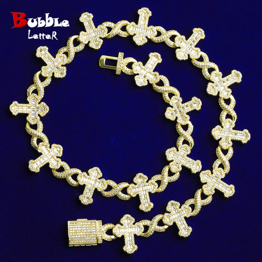 Bubble Letter Iced Out Baguette Cross Infinity Necklace Pendant for Men 5A Cubic Zirconia Hip Hop Jewelry
